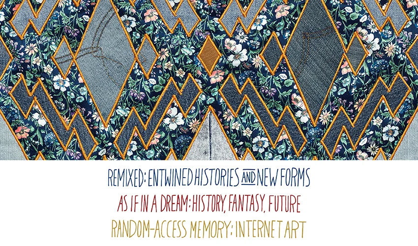 graphic featuring the three exhibition titles of the spring celebration below a detail of a colorful textile